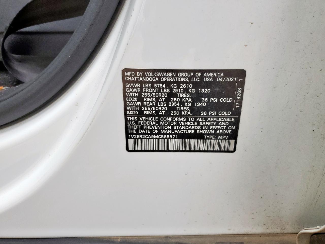 2021 Volkswagen Atlas Sel VIN: 1V2ER2CA9MC585871 Lot: 81233455