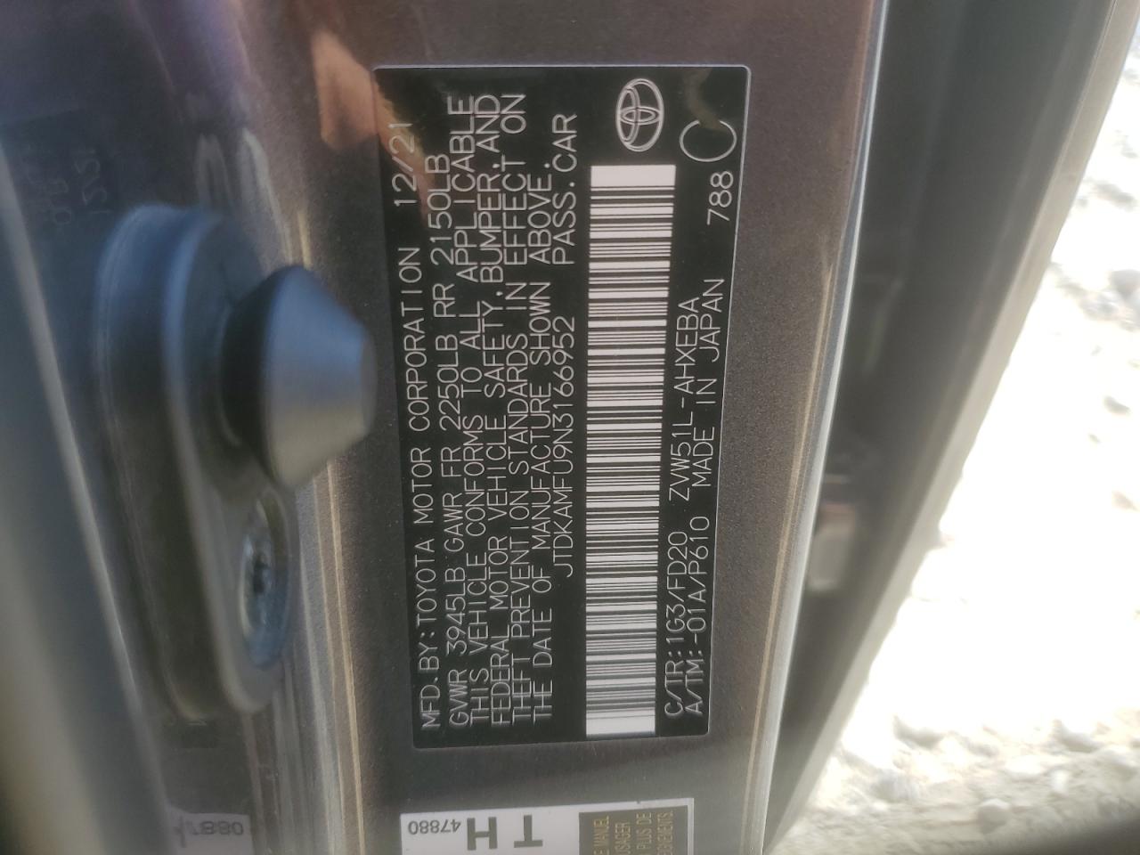 2022 Toyota Prius Night Shade VIN: JTDKAMFU9N3166952 Lot: 81762835