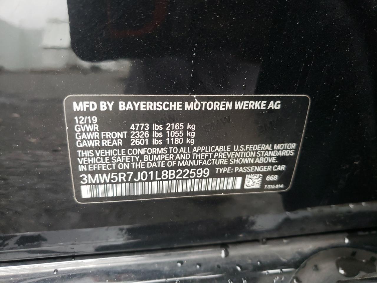 2020 BMW 330Xi VIN: 3MW5R7J01L8B22599 Lot: 83852445