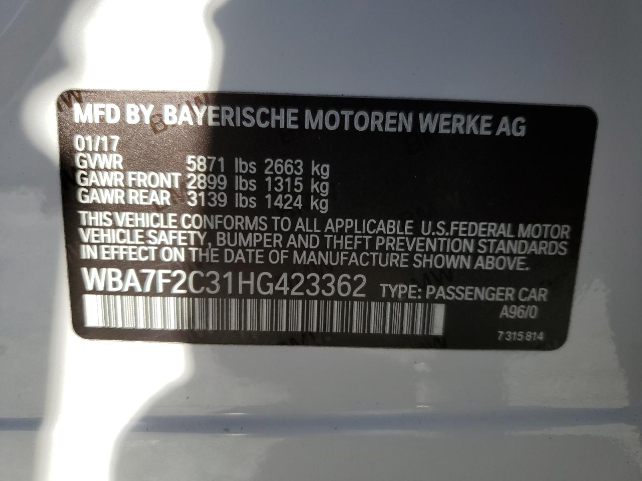 2017 BMW 750 Xi VIN: WBA7F2C31HG423362 Lot: 80227005