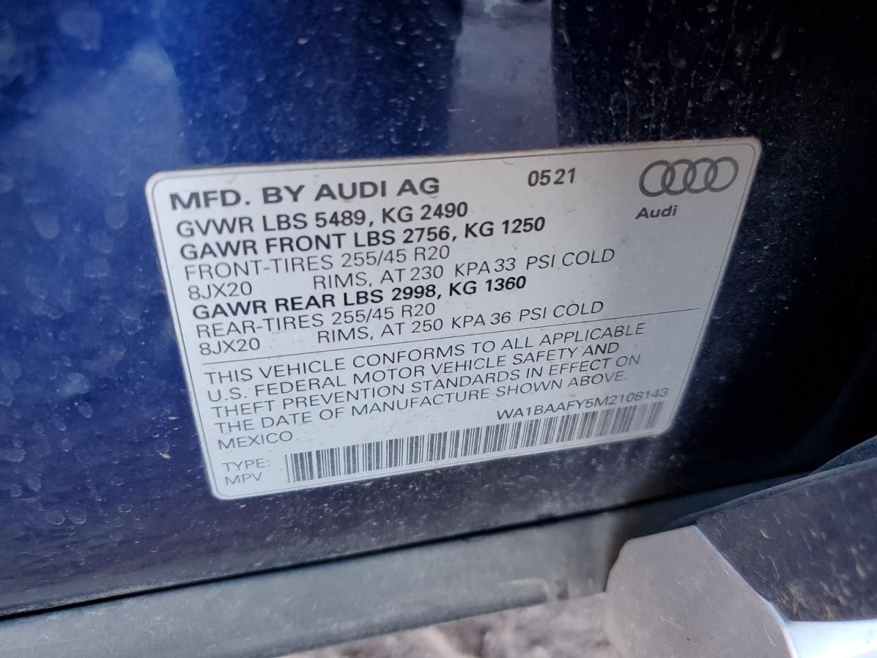 2021 Audi Q5 Premium Plus VIN: WA1BAAFY5M2108143 Lot: 84643025