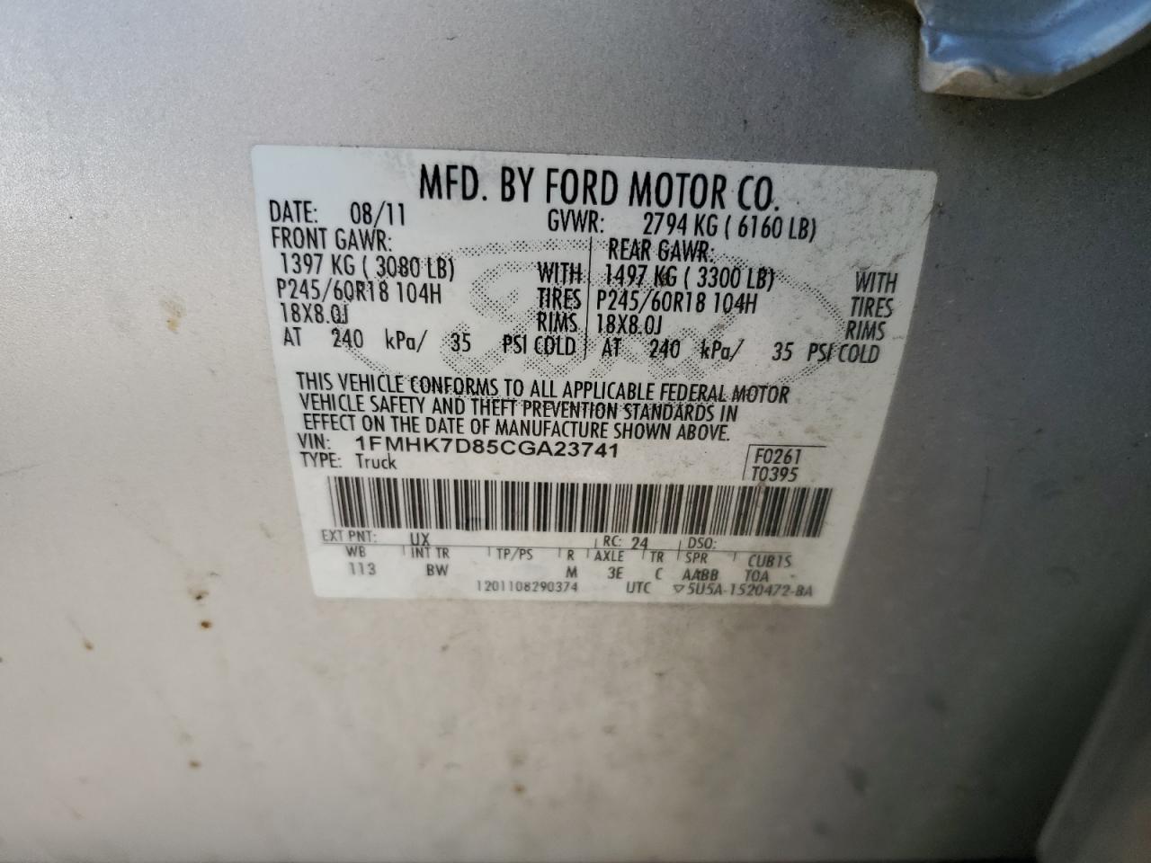 2012 Ford Explorer Xlt VIN: 1FMHK7D85CGA23741 Lot: 80905155