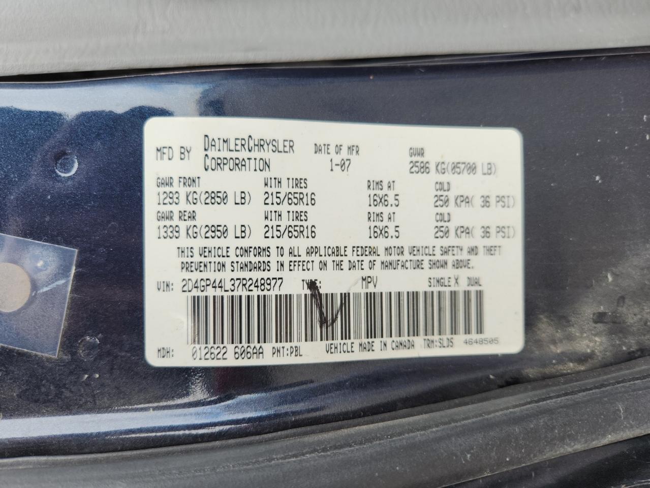 2007 Dodge Grand Caravan Sxt VIN: 2D4GP44L37R248977 Lot: 81631125