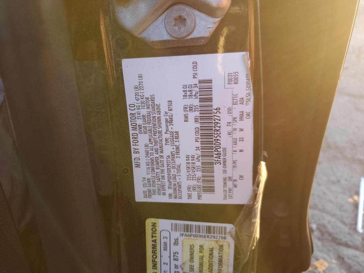 2014 Ford Fusion Titanium VIN: 3FA6P0D95ER292756 Lot: 81879055