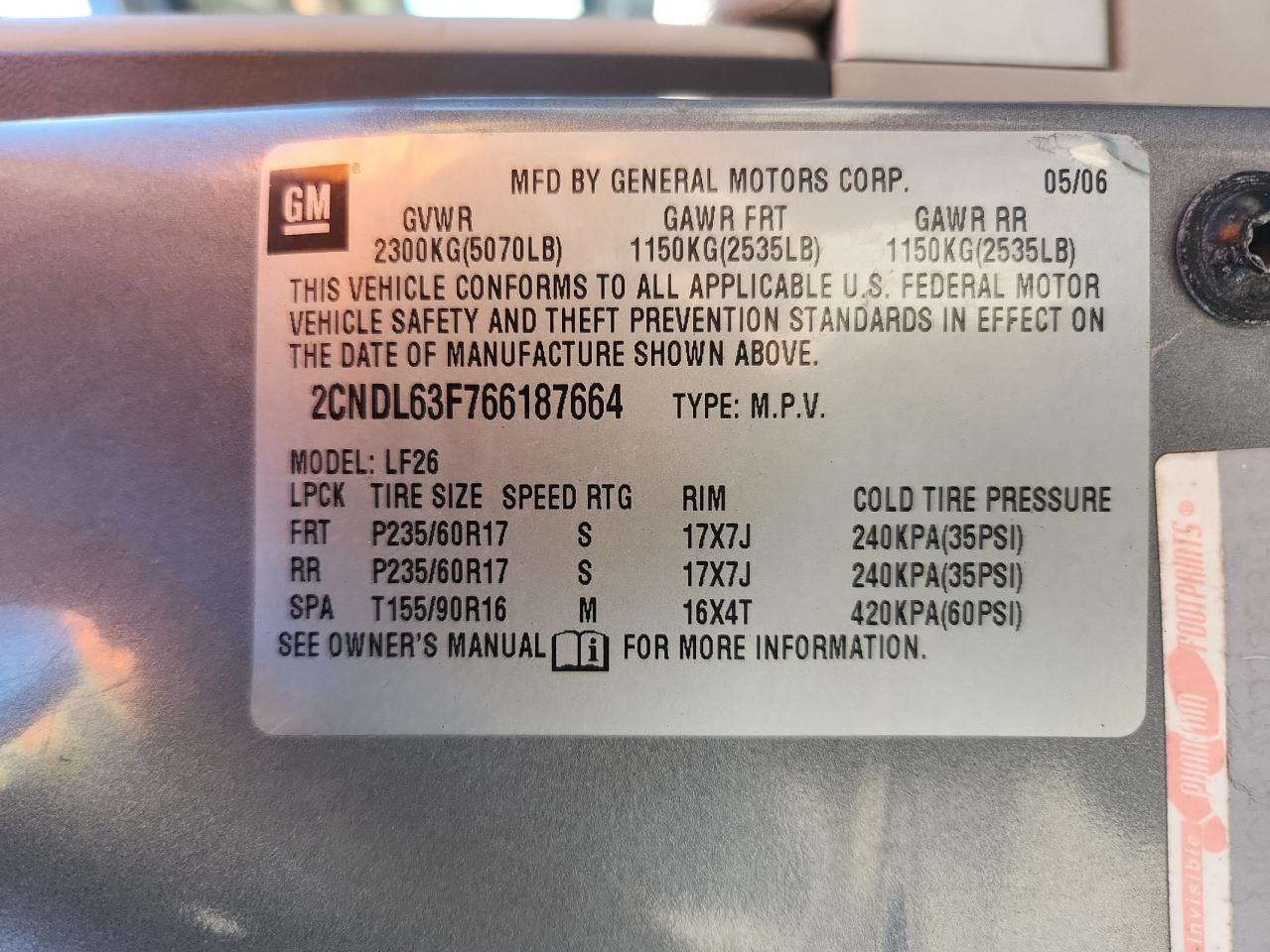 2006 Chevrolet Equinox Lt VIN: 2CNDL63F766187664 Lot: 81913405