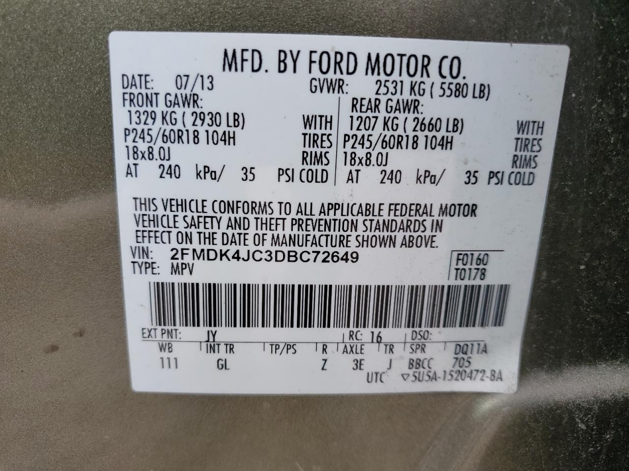 2013 Ford Edge Sel VIN: 2FMDK4JC3DBC72649 Lot: 83928455