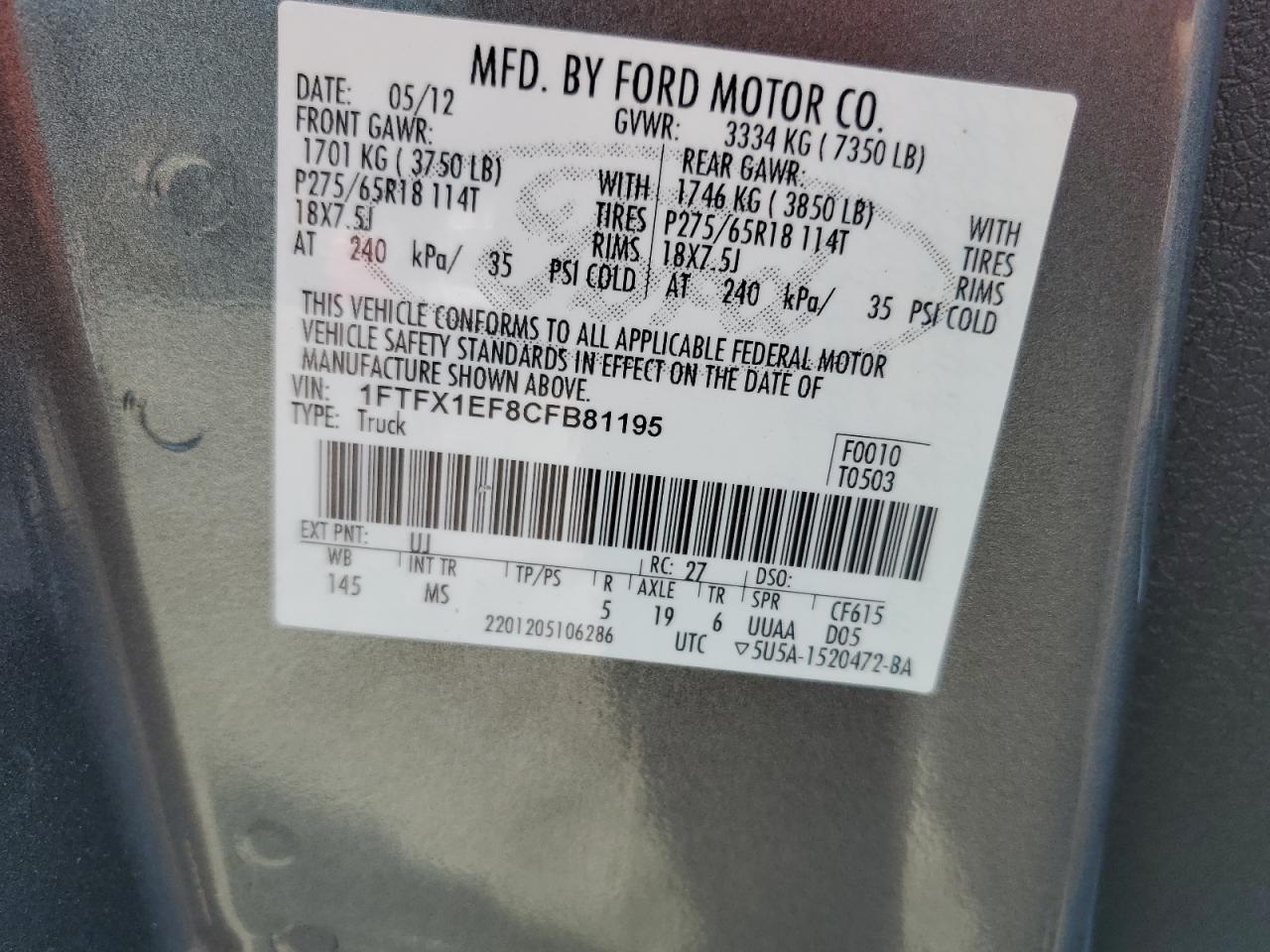 2012 Ford F150 Super Cab VIN: 1FTFX1EF8CFB81195 Lot: 81519795