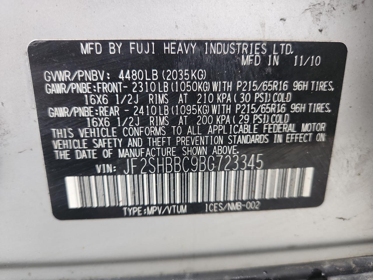 2011 Subaru Forester 2.5X VIN: JF2SHBBC9BG723345 Lot: 81730085