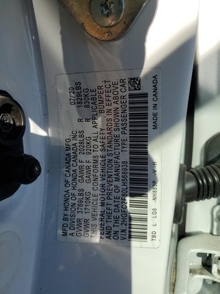 2020 Honda Civic Sport VIN: 2HGFC2F80LH568938 Lot: 81782525