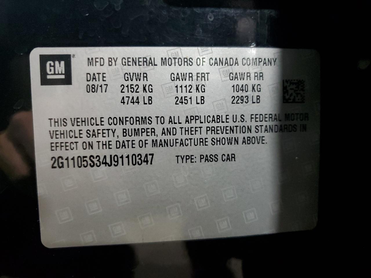 2018 Chevrolet Impala Lt VIN: 2G1105S34J9110347 Lot: 71080155