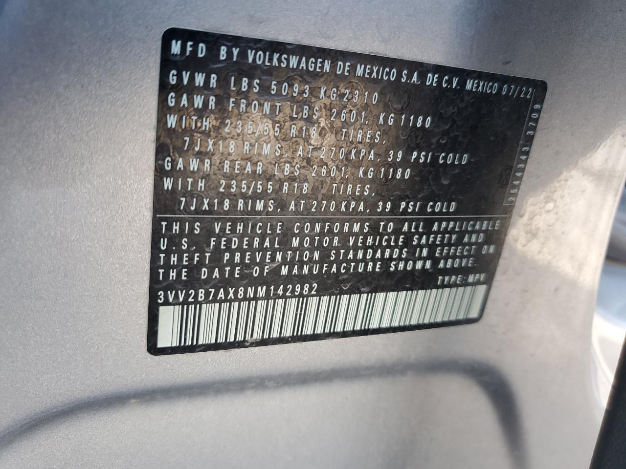 2022 Volkswagen Tiguan Se VIN: 3VV2B7AX8NM142982 Lot: 80855835