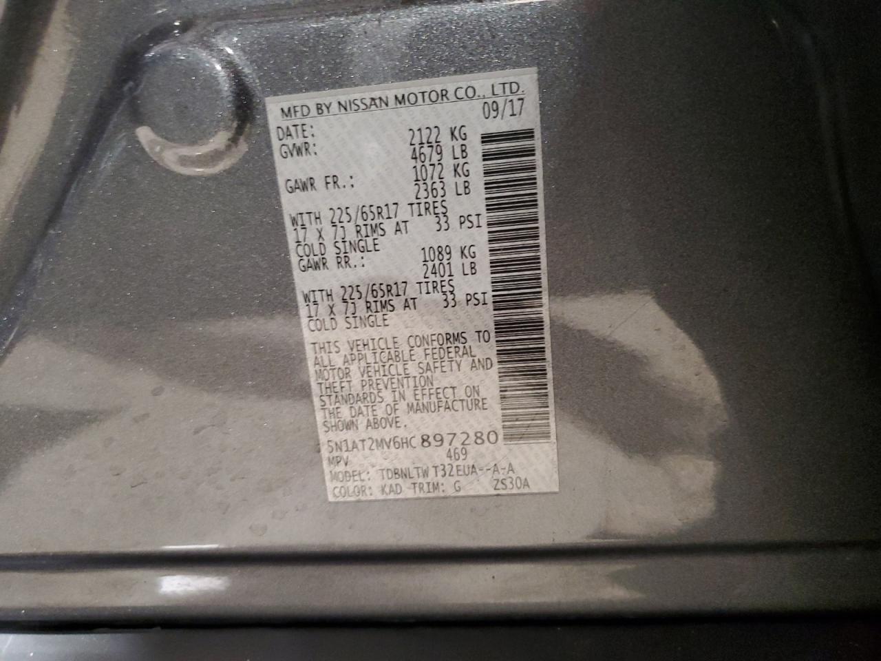 2017 Nissan Rogue Sv VIN: 5N1AT2MV6HC897280 Lot: 71283195