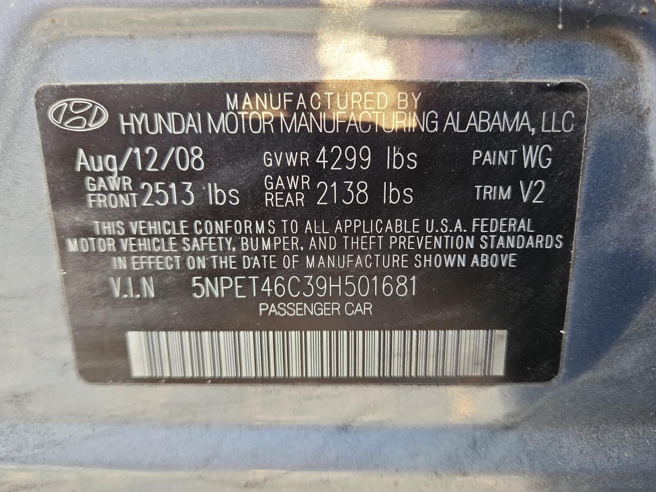 2009 Hyundai Sonata Gls VIN: 5NPET46C39H501681 Lot: 80943965