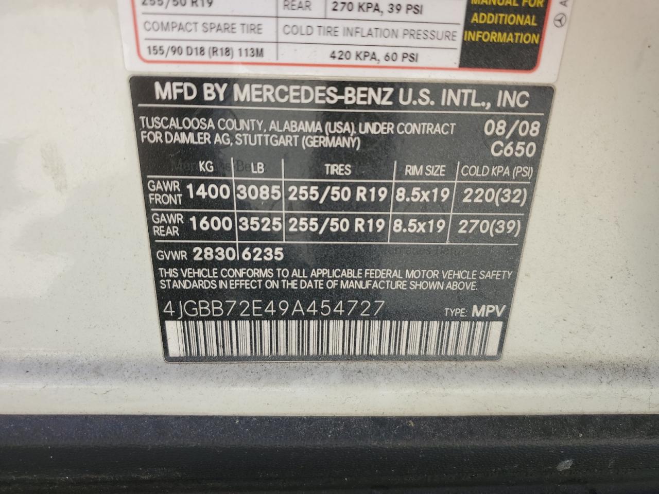 2009 Mercedes-Benz Ml 550 VIN: 4JGBB72E49A454727 Lot: 71719675