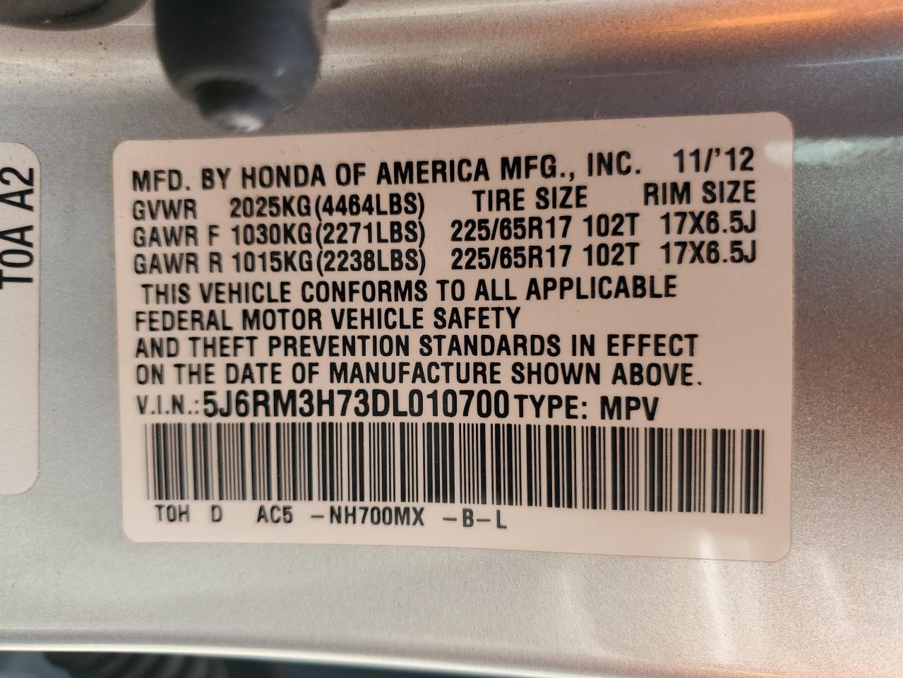 2013 Honda Cr-V Exl VIN: 5J6RM3H73DL010700 Lot: 71593665