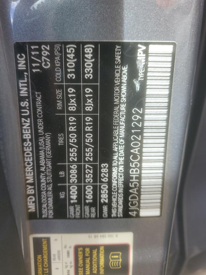 2012 Mercedes-Benz Ml 350 4Matic VIN: 4JGDA5HB5CA021292 Lot: 80015475