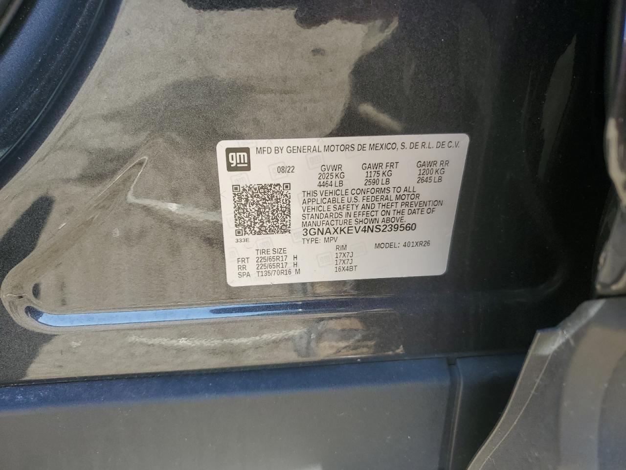 2022 Chevrolet Equinox Lt VIN: 3GNAXKEV4NS239560 Lot: 84589995