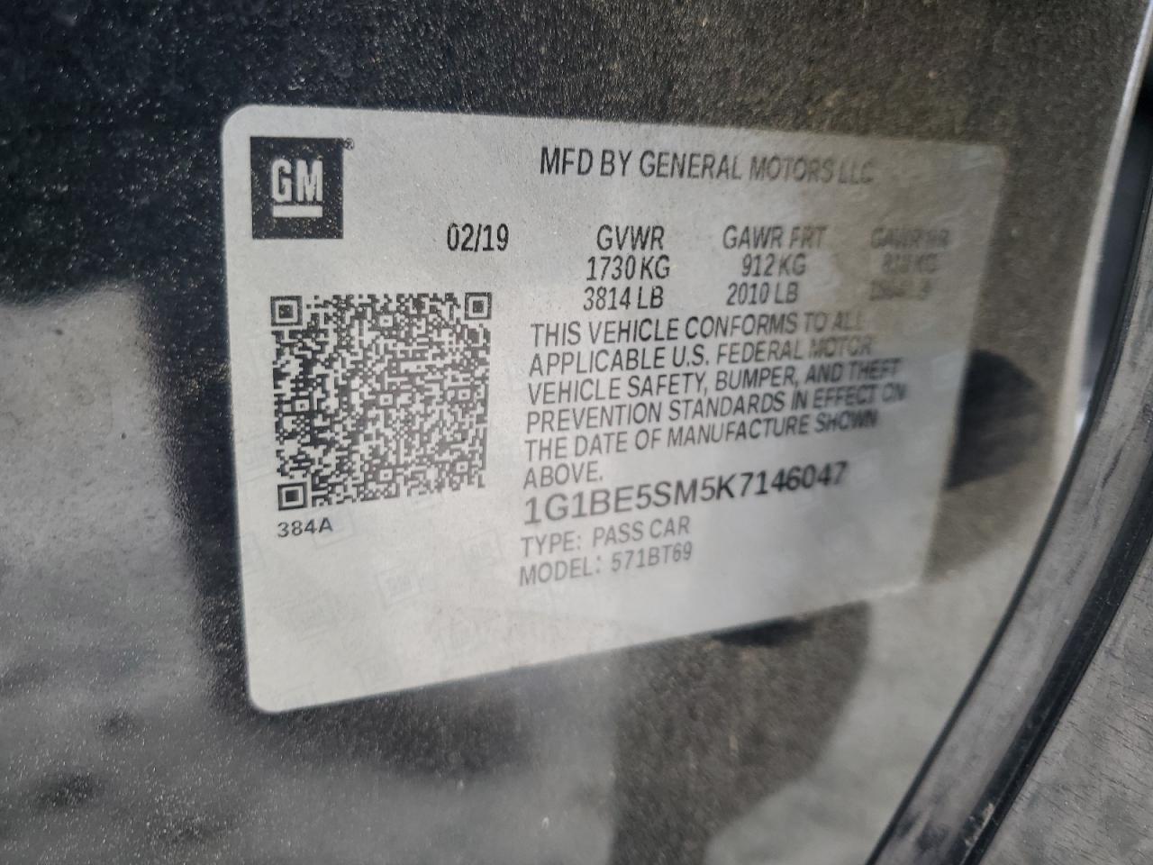 2019 Chevrolet Cruze Lt VIN: 1G1BE5SM5K7146047 Lot: 84614035