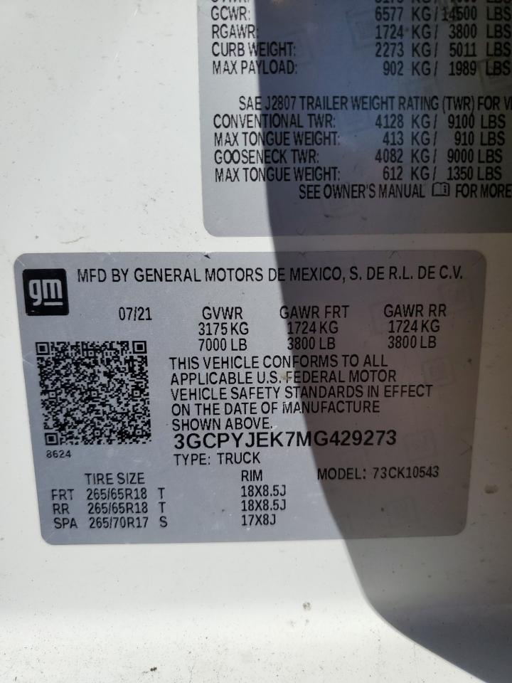 2021 Chevrolet Silverado K1500 Lt VIN: 3GCPYJEK7MG429273 Lot: 69700955