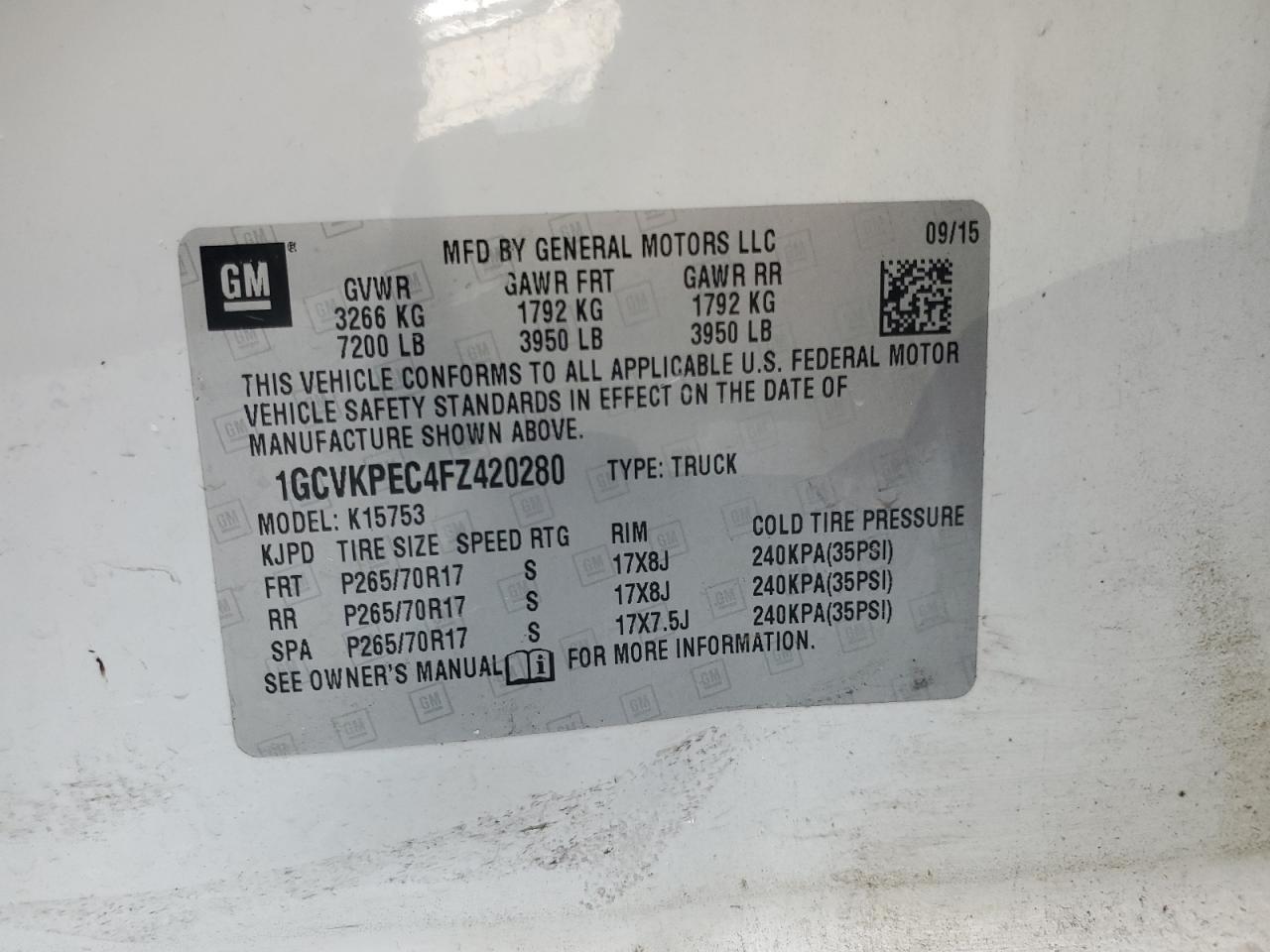 2015 Chevrolet Silverado K1500 VIN: 1GCVKPEC4FZ420280 Lot: 71011285