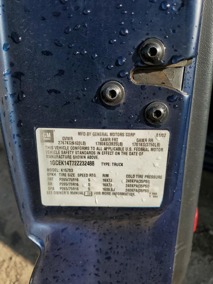 2002 Chevrolet Silverado K1500 VIN: 1GCEK14T72Z232488 Lot: 72065155