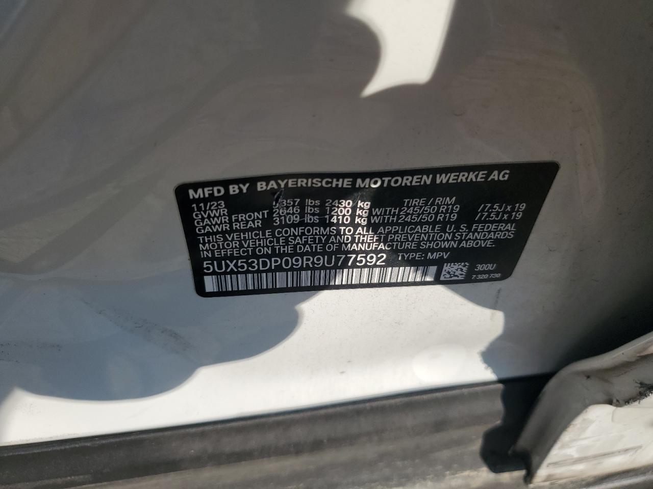 2024 BMW X3 xDrive30I VIN: 5UX53DP09R9U77592 Lot: 71453605