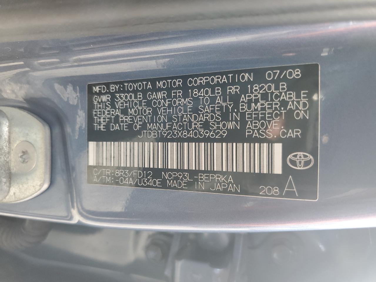 2008 Toyota Yaris VIN: JTDBT923X84039629 Lot: 84012025