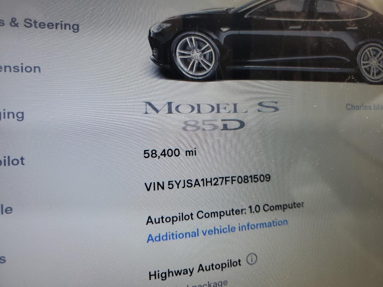 2015 Tesla Model S 85D VIN: 5YJSA1H27FF081509 Lot: 80827285