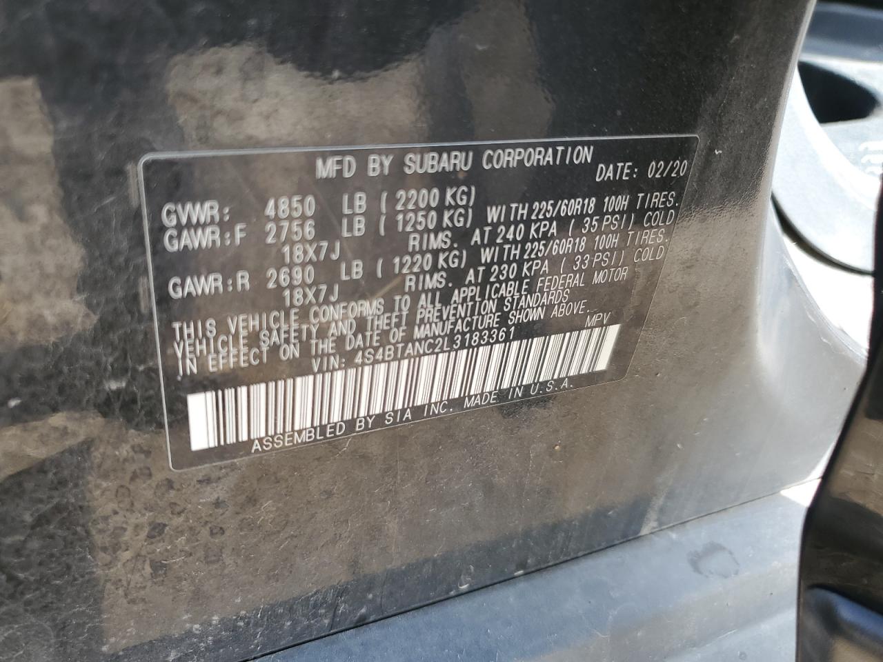 2020 Subaru Outback Limited VIN: 4S4BTANC2L3183361 Lot: 83869865