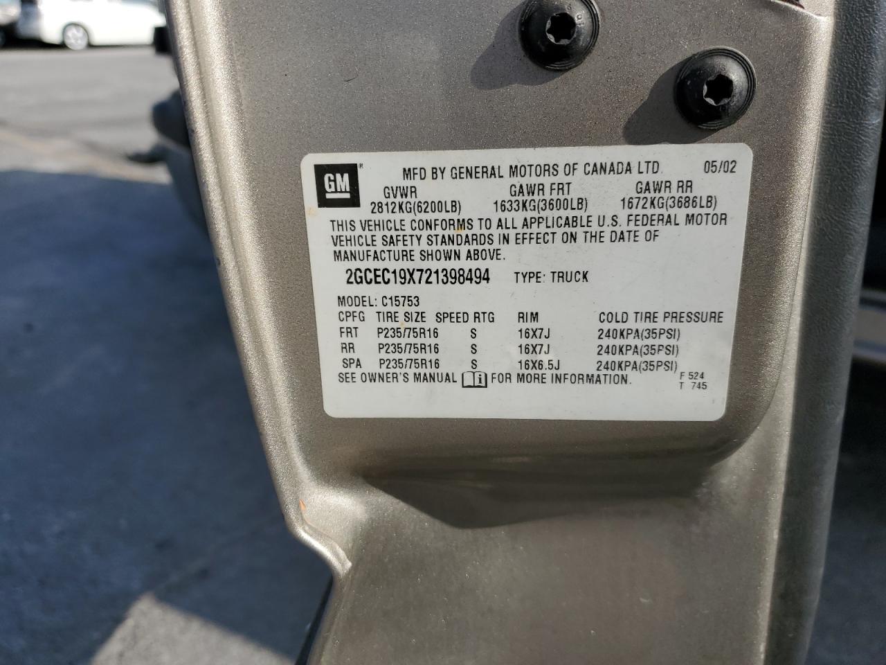 2002 Chevrolet Silverado C1500 VIN: 2GCEC19X721398494 Lot: 81803275