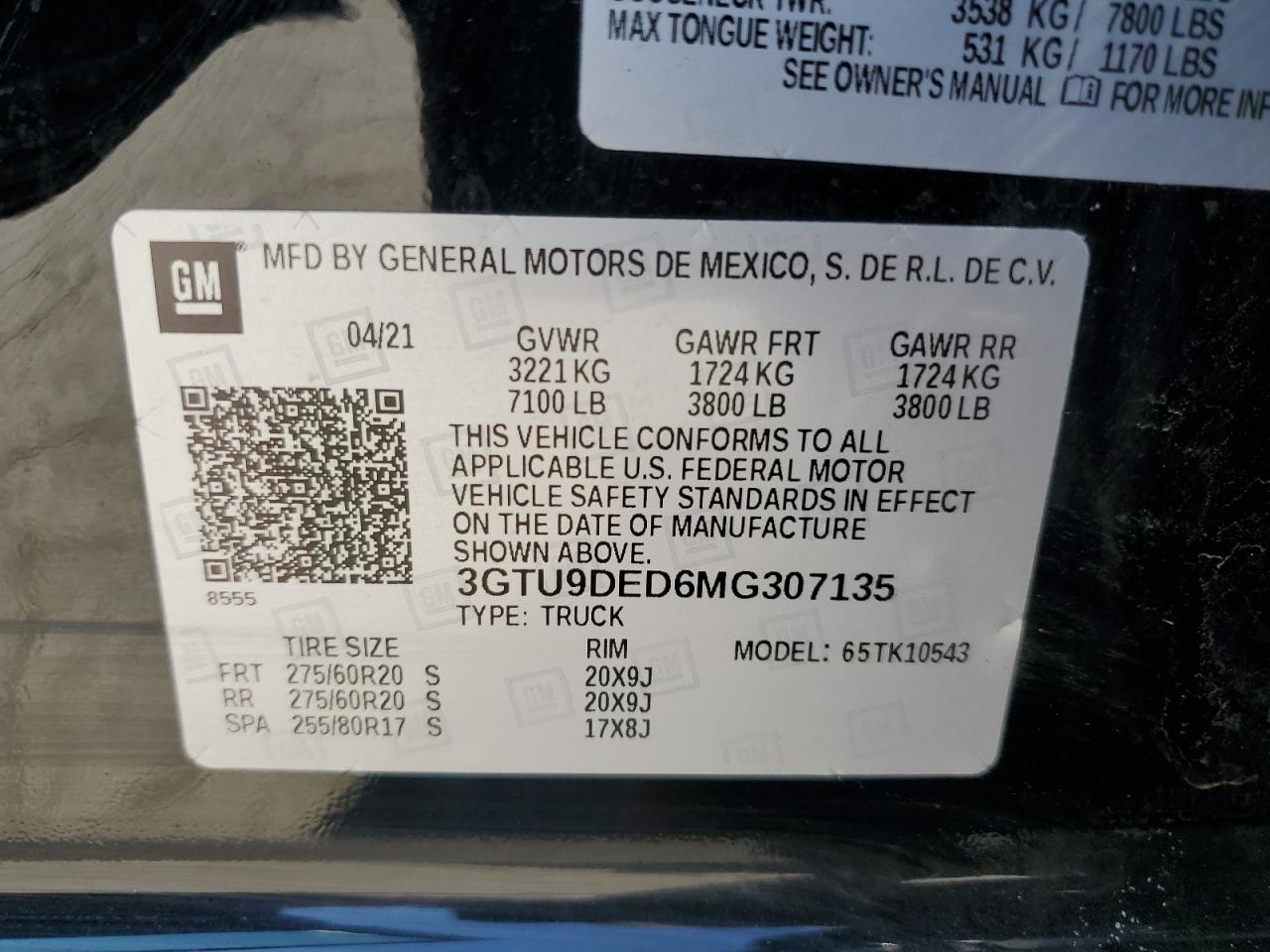 2021 GMC Sierra K1500 Slt VIN: 3GTU9DED6MG307135 Lot: 80521335