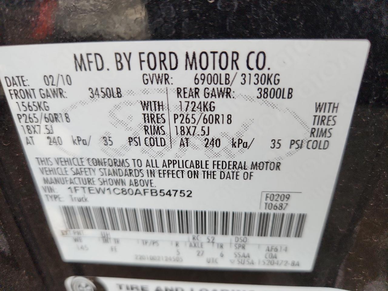 2010 Ford F150 Supercrew VIN: 1FTEW1C80AFB54752 Lot: 71999055