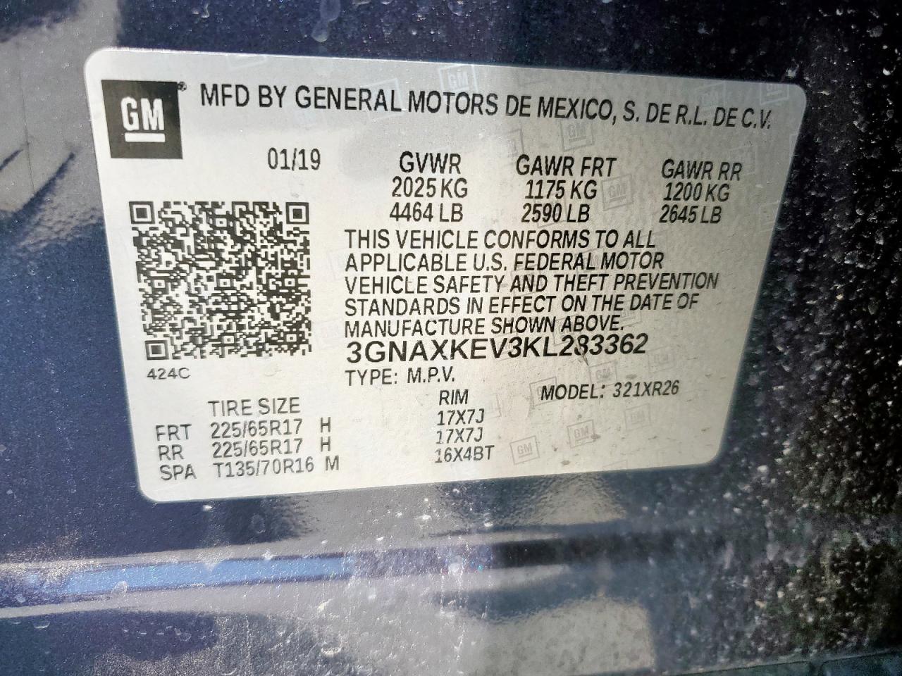 2019 Chevrolet Equinox Lt VIN: 3GNAXKEV3KL283362 Lot: 71169935