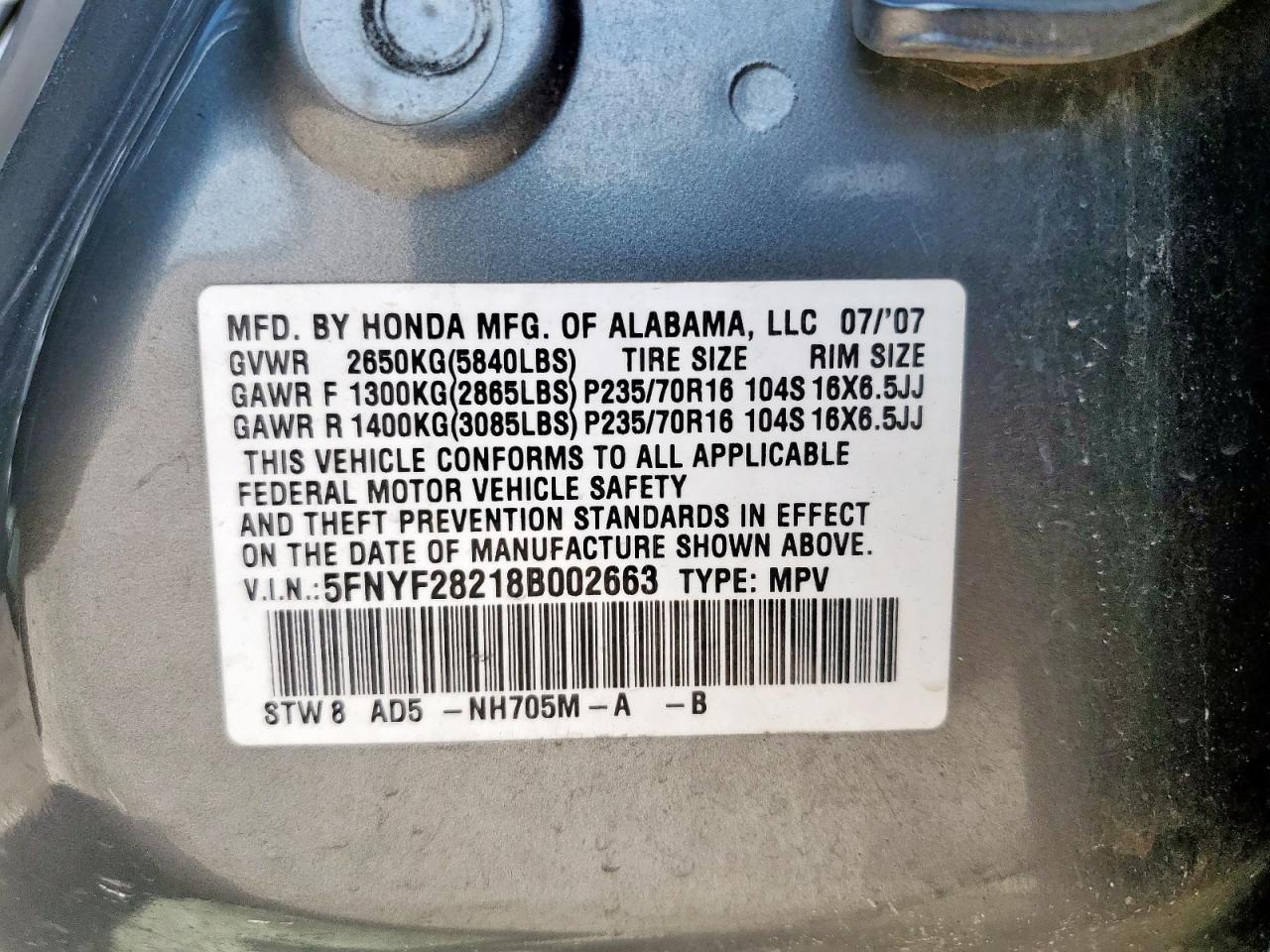 2008 Honda Pilot Vp VIN: 5FNYF28218B002663 Lot: 80402395