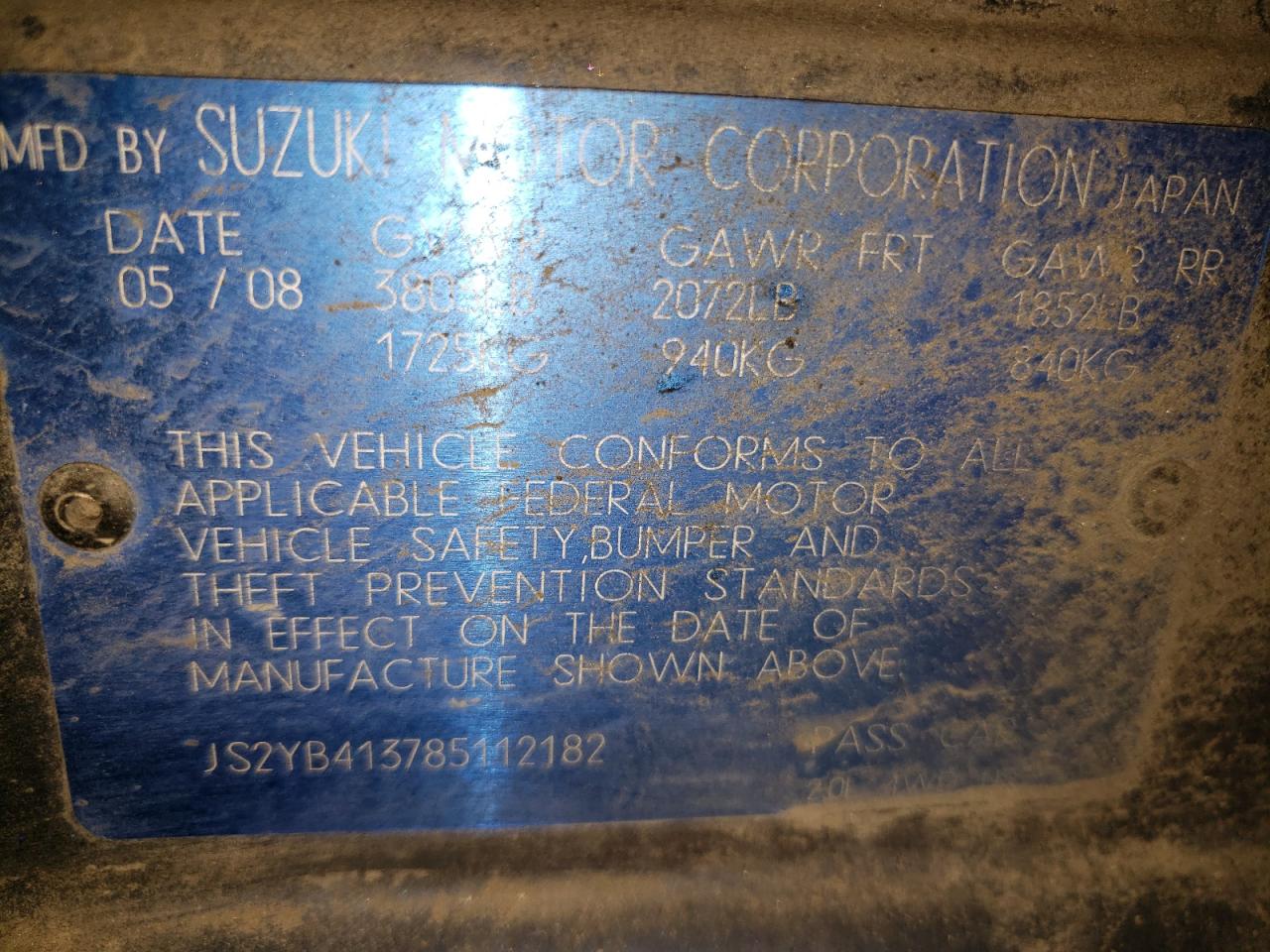 2008 Suzuki Sx4 Base VIN: JS2YB413785112182 Lot: 81731635