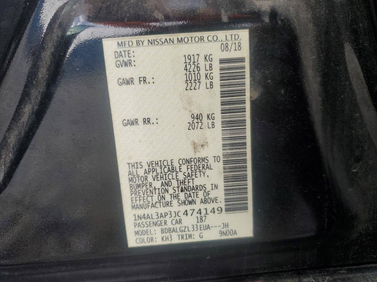 2018 Nissan Altima 2.5 VIN: 1N4AL3AP3JC474149 Lot: 71617805