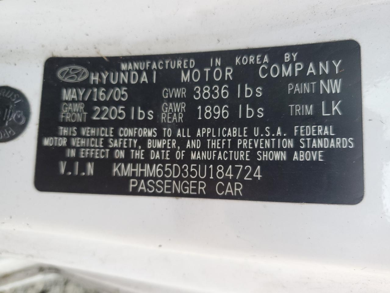 2005 Hyundai Tiburon VIN: KMHHM65D35U184724 Lot: 84444495