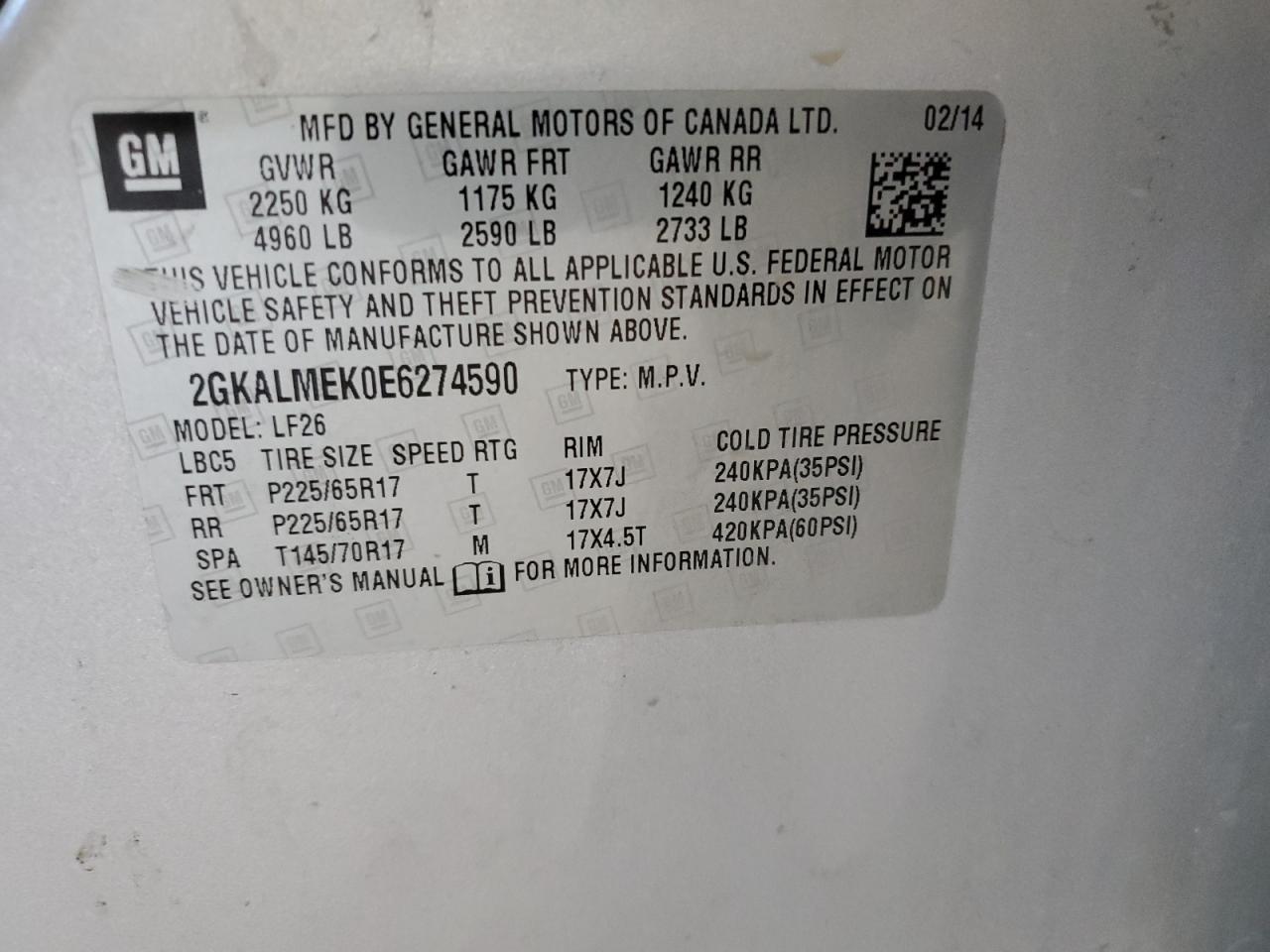 2014 GMC Terrain Sle VIN: 2GKALMEK0E6274590 Lot: 70938355