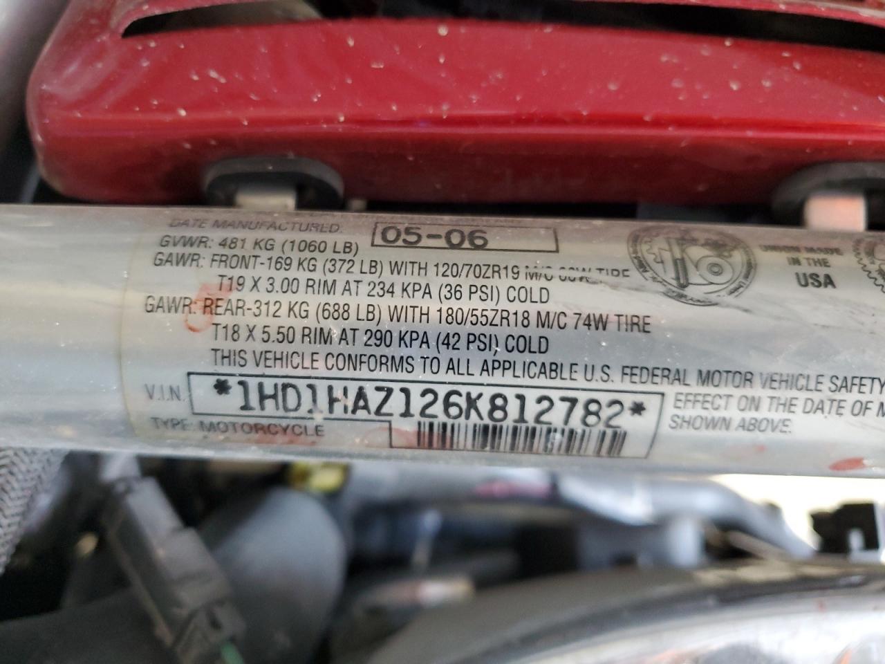 2006 Harley Davidson Vrsca V-Rod VIN: 1HD1HAZ126K812782 Lot: 80381445