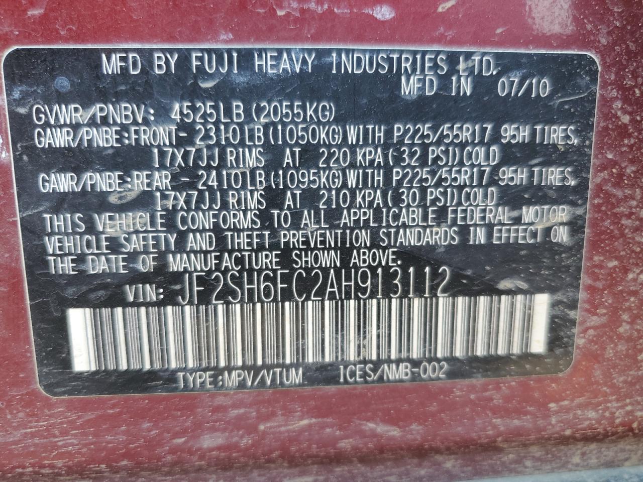 2010 Subaru Forester 2.5Xt Limited VIN: JF2SH6FC2AH913112 Lot: 71542175