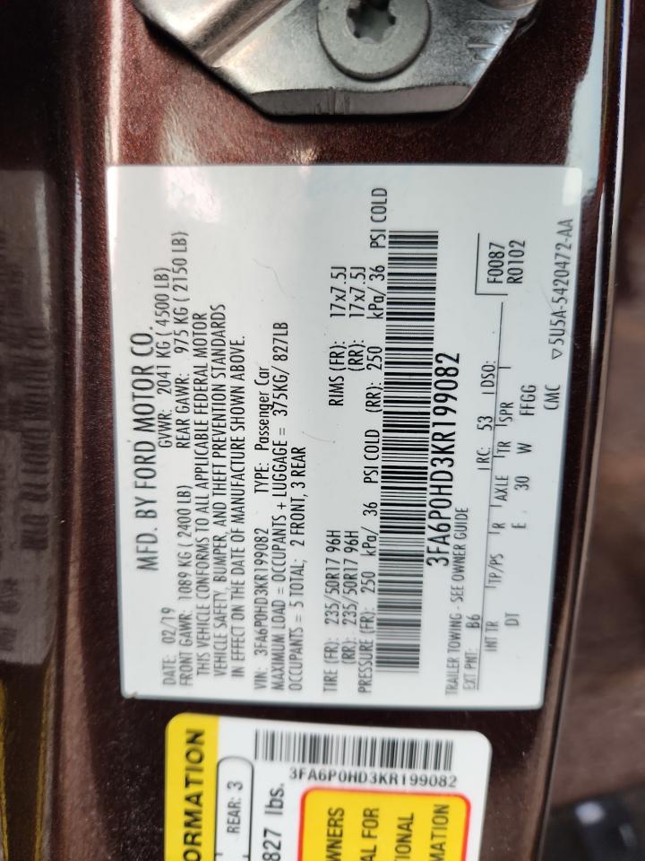 2019 Ford Fusion Se VIN: 3FA6P0HD3KR199082 Lot: 80847005