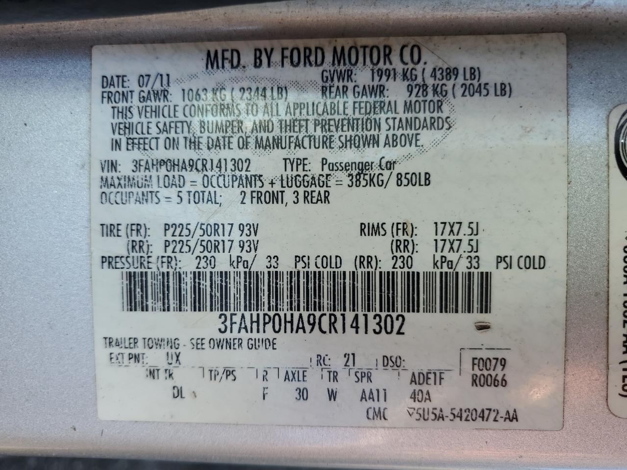 2012 Ford Fusion Se VIN: 3FAHP0HA9CR141302 Lot: 81715805