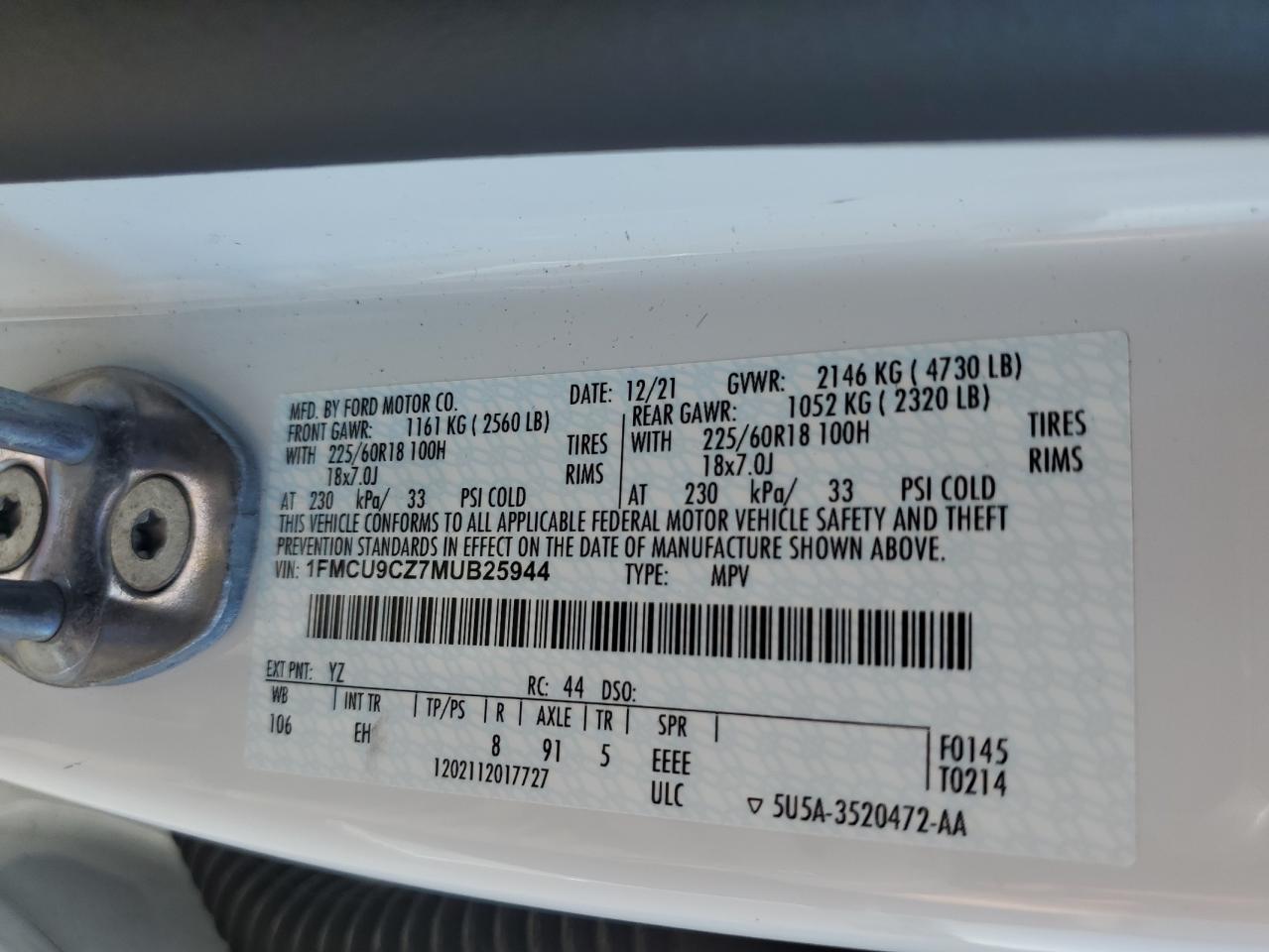 2021 Ford Escape Sel VIN: 1FMCU9CZ7MUB25944 Lot: 80382335