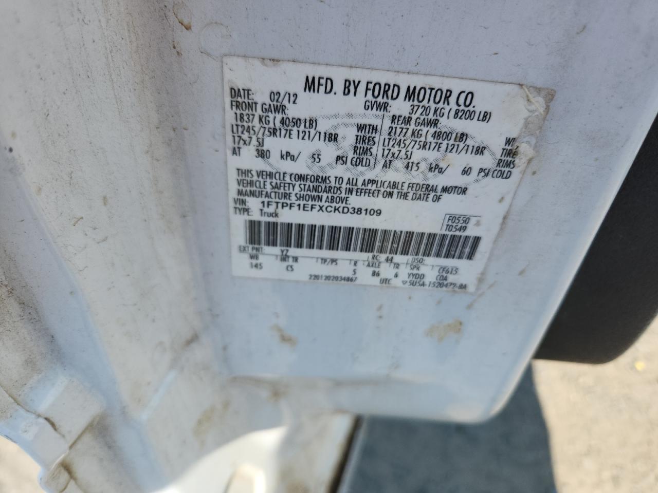 2012 Ford F150 VIN: 1FTPF1EFXCKD38109 Lot: 71618565