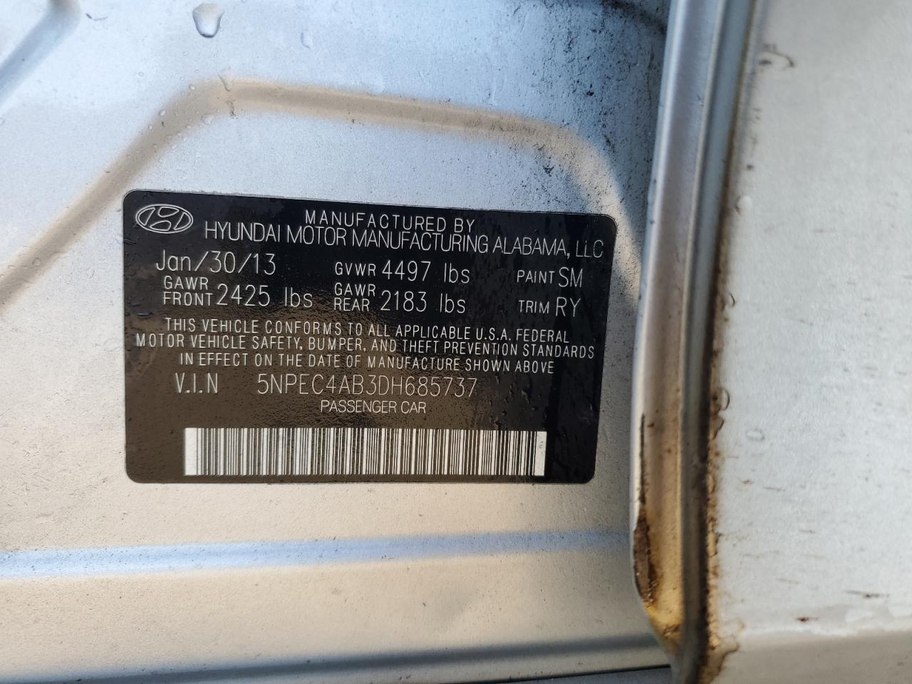 2013 Hyundai Sonata Se VIN: 5NPEC4AB3DH685737 Lot: 81278025