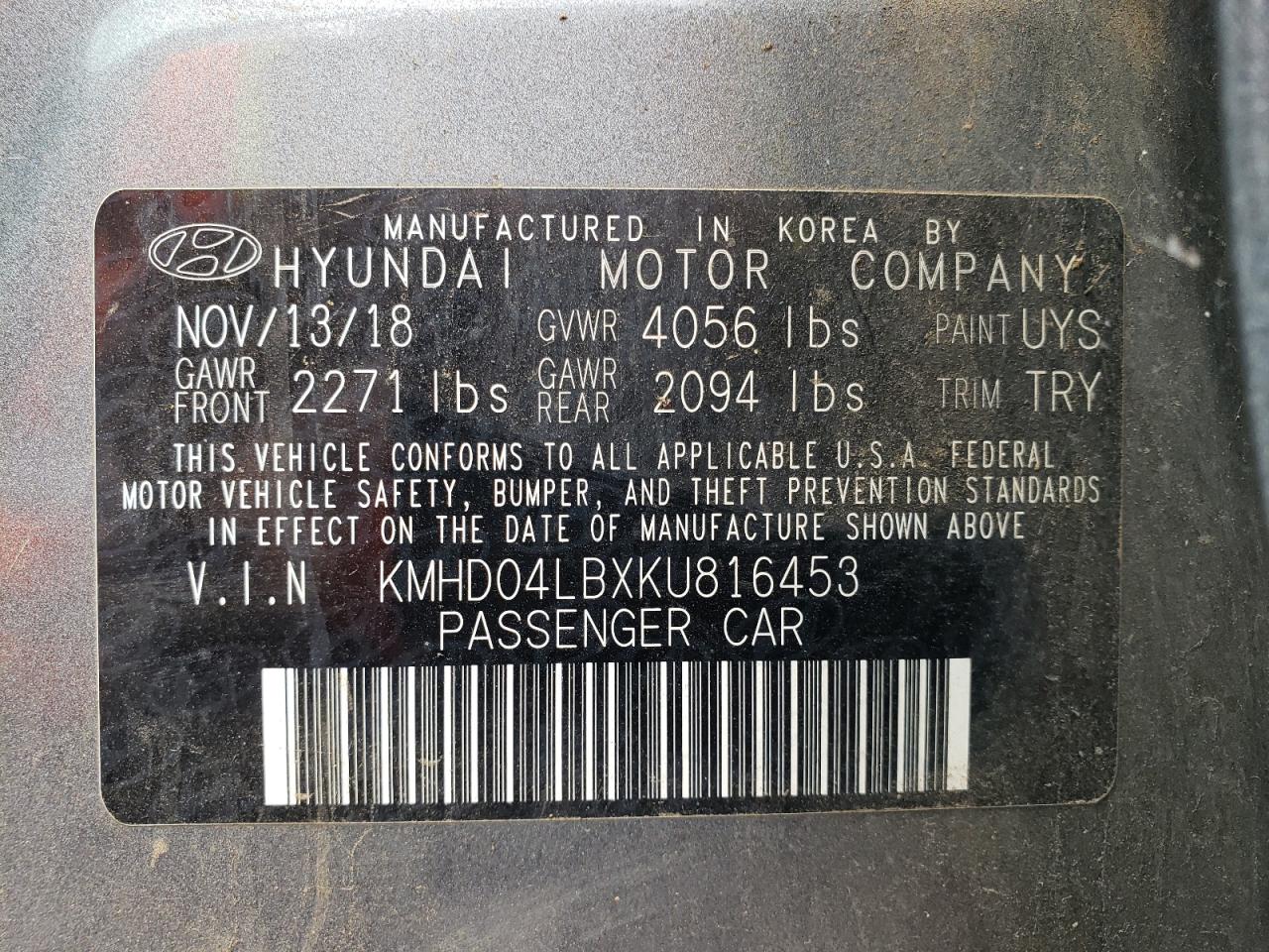 2019 Hyundai Elantra Sport VIN: KMHD04LBXKU816453 Lot: 81090395