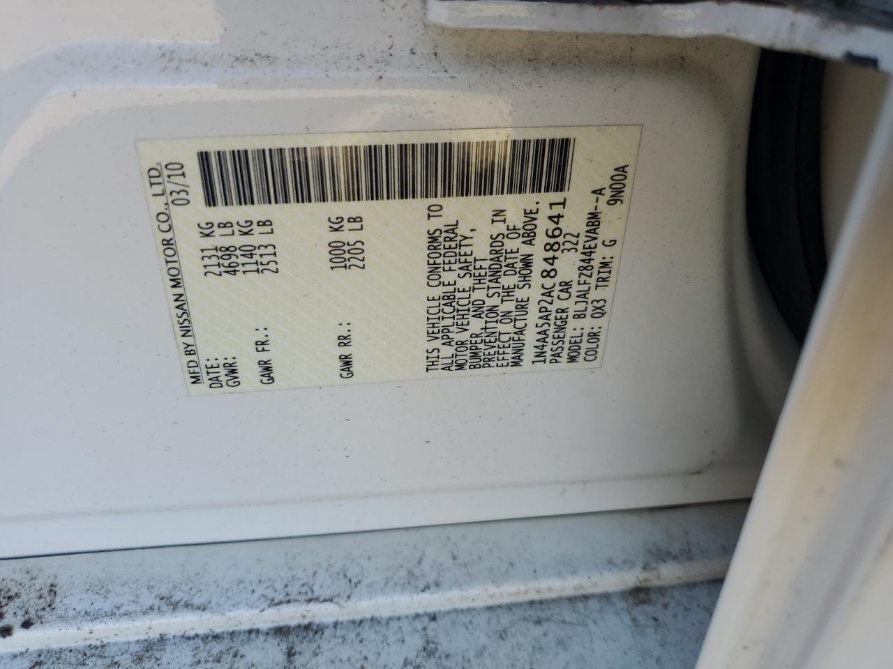 2010 Nissan Maxima S VIN: 1N4AA5AP2AC848641 Lot: 84039635