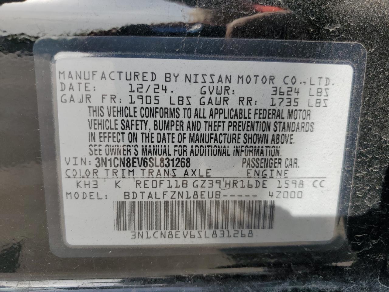 2025 Nissan Versa Sv VIN: 3N1CN8EV6SL831268 Lot: 84381905