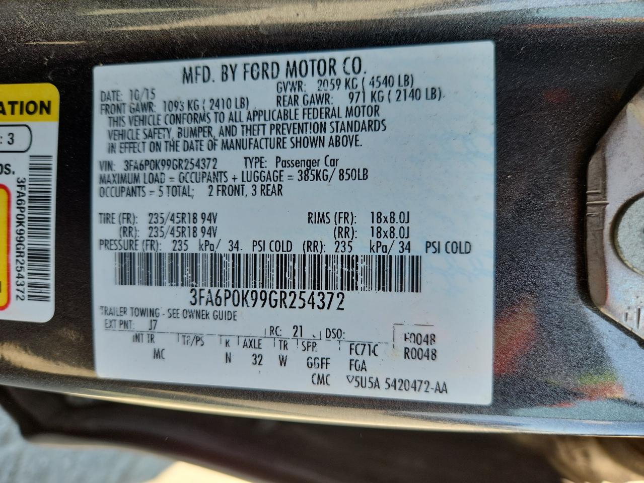 2016 Ford Fusion Titanium VIN: 3FA6P0K99GR254372 Lot: 71837705