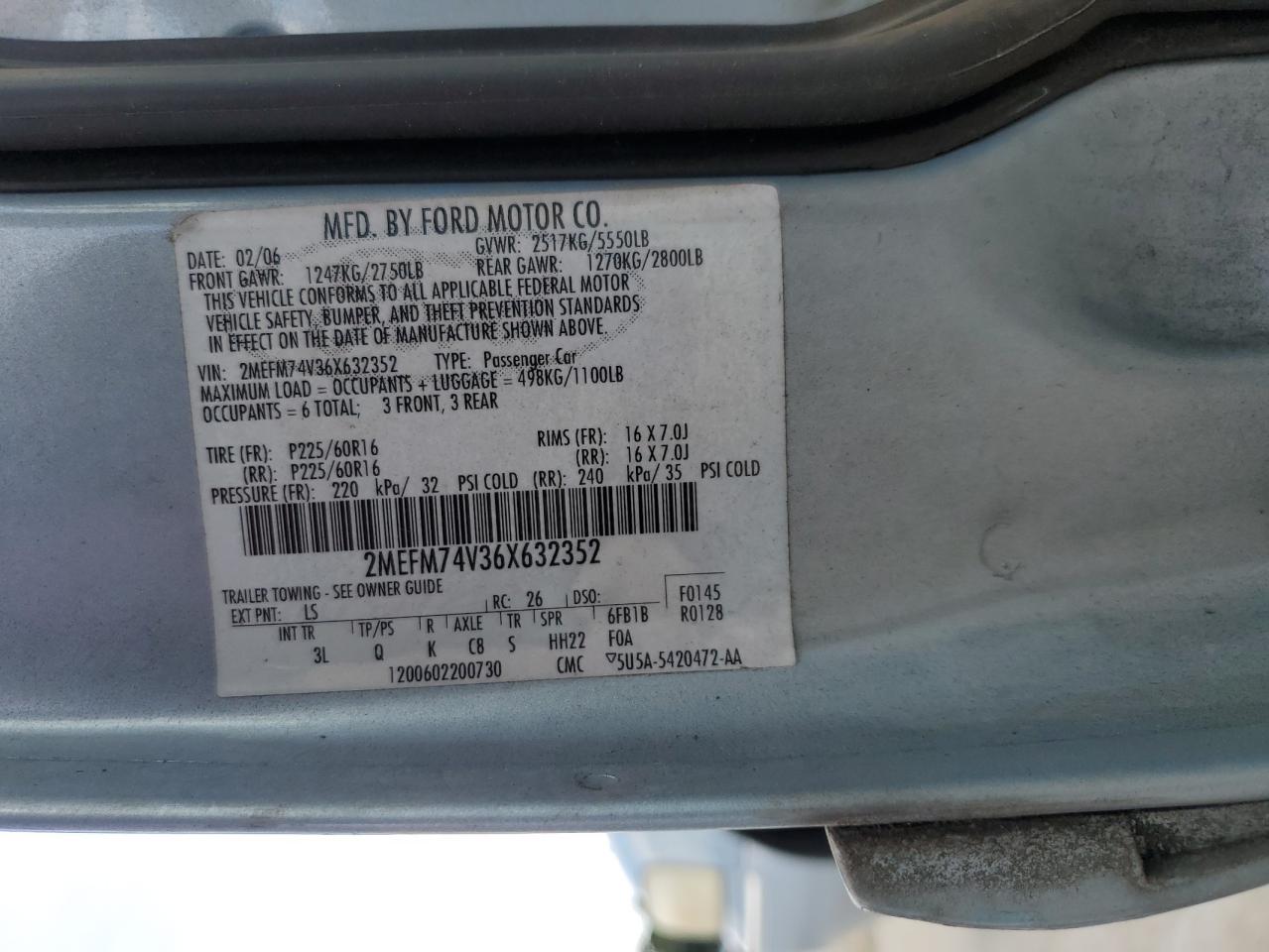 2006 Mercury Grand Marquis Gs VIN: 2MEFM74V36X632352 Lot: 80210255